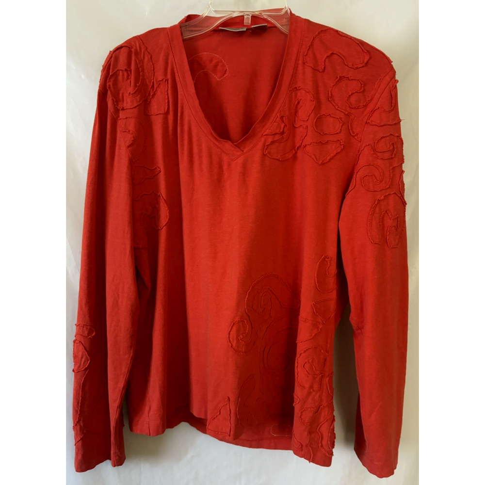 Chico's brand long-sleeve V-neck top with swirled appliqués Size 2 Orange/marron